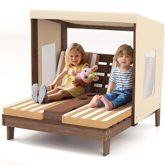 Kids Chaise Lounge Chair Outdoor, Toddler Wood Double Pool Lounger Chairs w/Canopy, Cup Holders, Removable Stripped, Customized