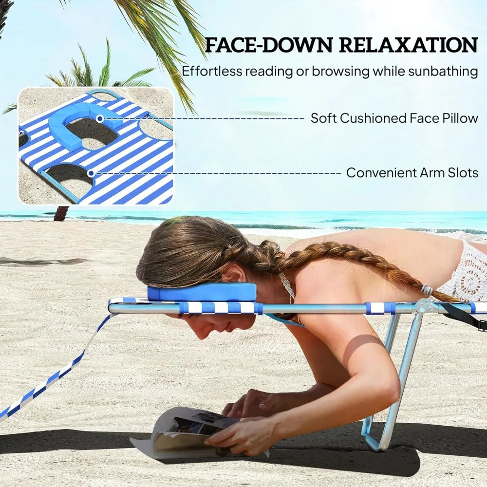 Outdoor Folding Chaise Lounge Chair with Face Hole, 5-Position Reclining Tanning Bed for Beach Pool Patio, Blue Stripe