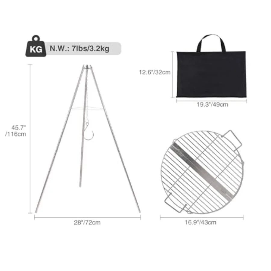 Campfire Tripod Grill for Cooking Durable Stainless Steel Camping Fire Tripod Grill with Round Grate and Carrying Bag for Outdo