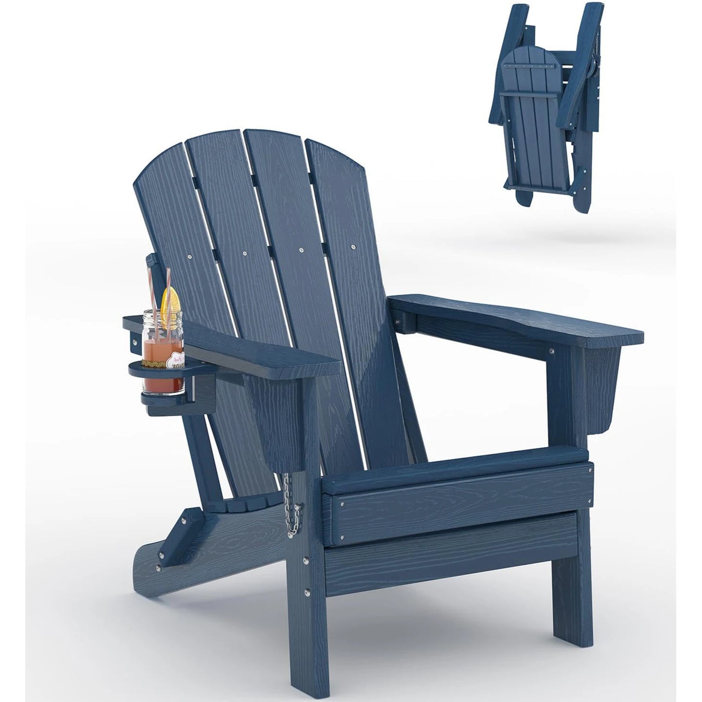 Folding Adirondack Chair With Cup Holder, All-Weather HDPE Patio Chair, Wood Textured 380lb Deck & Garden Chair