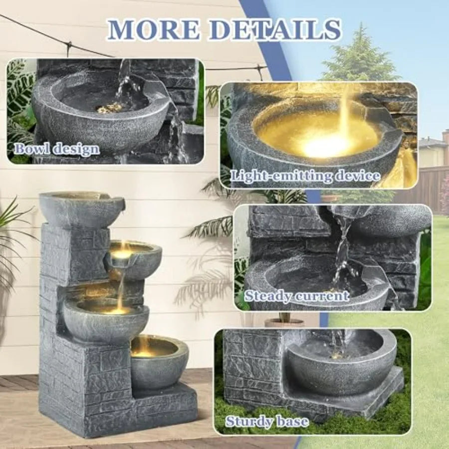 Outdoor 4-Tiers Water Fountain Garden Cascading Waterfalls Fountain with 4 LED Lights 21.9 H Modern Indoor/Outdoor Bowl Waterfa