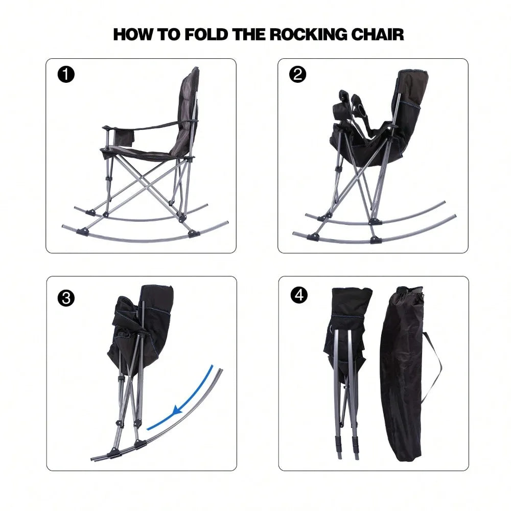 Folding Outdoor Rocking Chair Heavy Duty 300lbs Support Camping Chair with Cup Holder Carry Bag