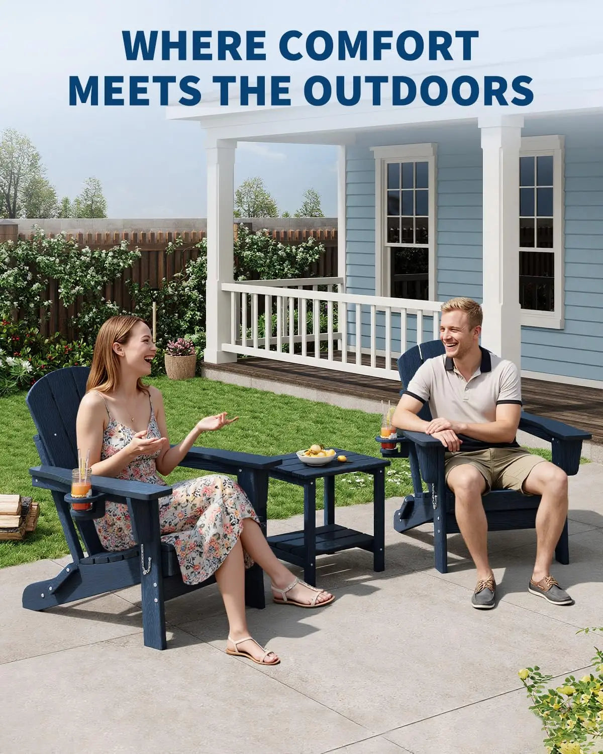 Folding Adirondack Chair With Cup Holder, All-Weather HDPE Patio Chair, Wood Textured 380lb Deck & Garden Chair