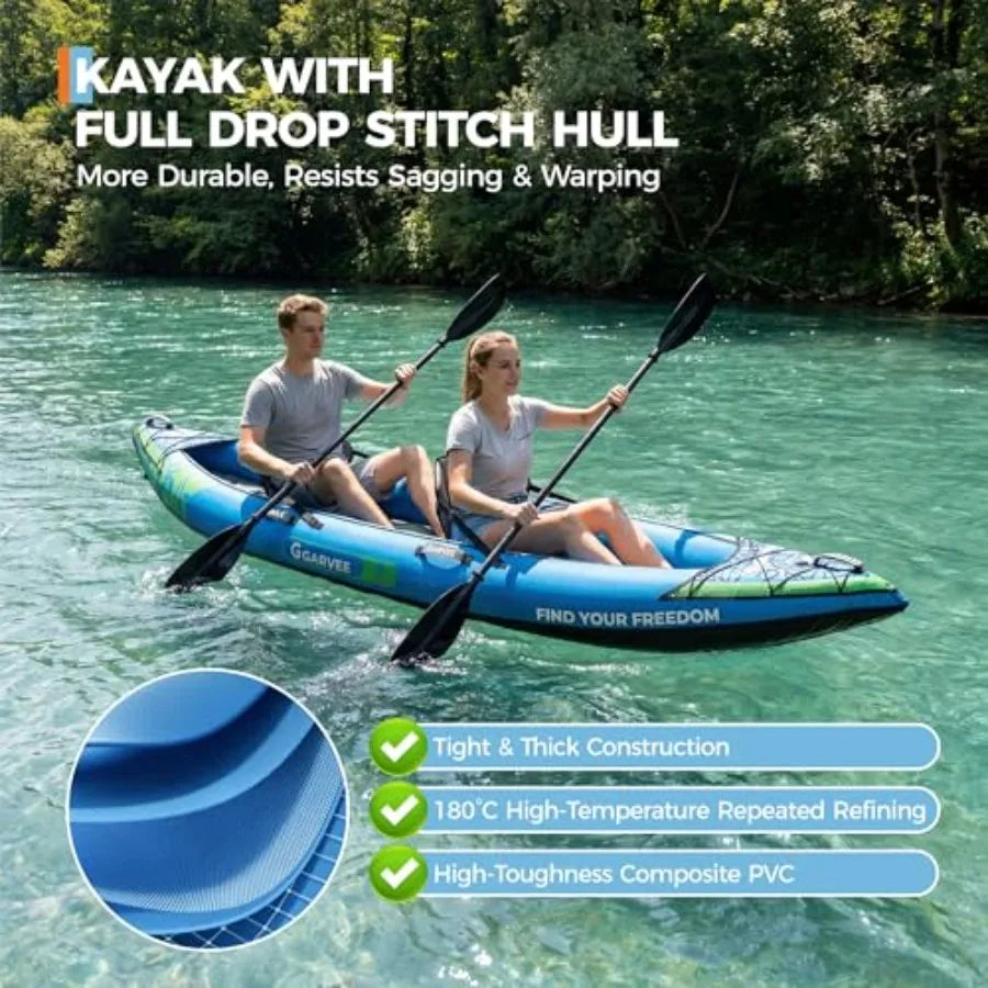 2 Person Inflatable Kayak for Fishing and Touring, PVC Material, Gray/Blue, Portable with Padded Seat, 3 Fins, Hand Pump, Carry