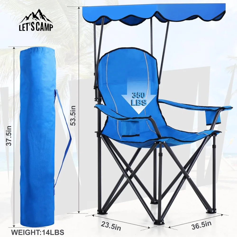 Folding Camping Chair with Sun Shade Canopy, Heavy Duty 350 LBS Capacity, Portable for Outdoor Beach Hiking