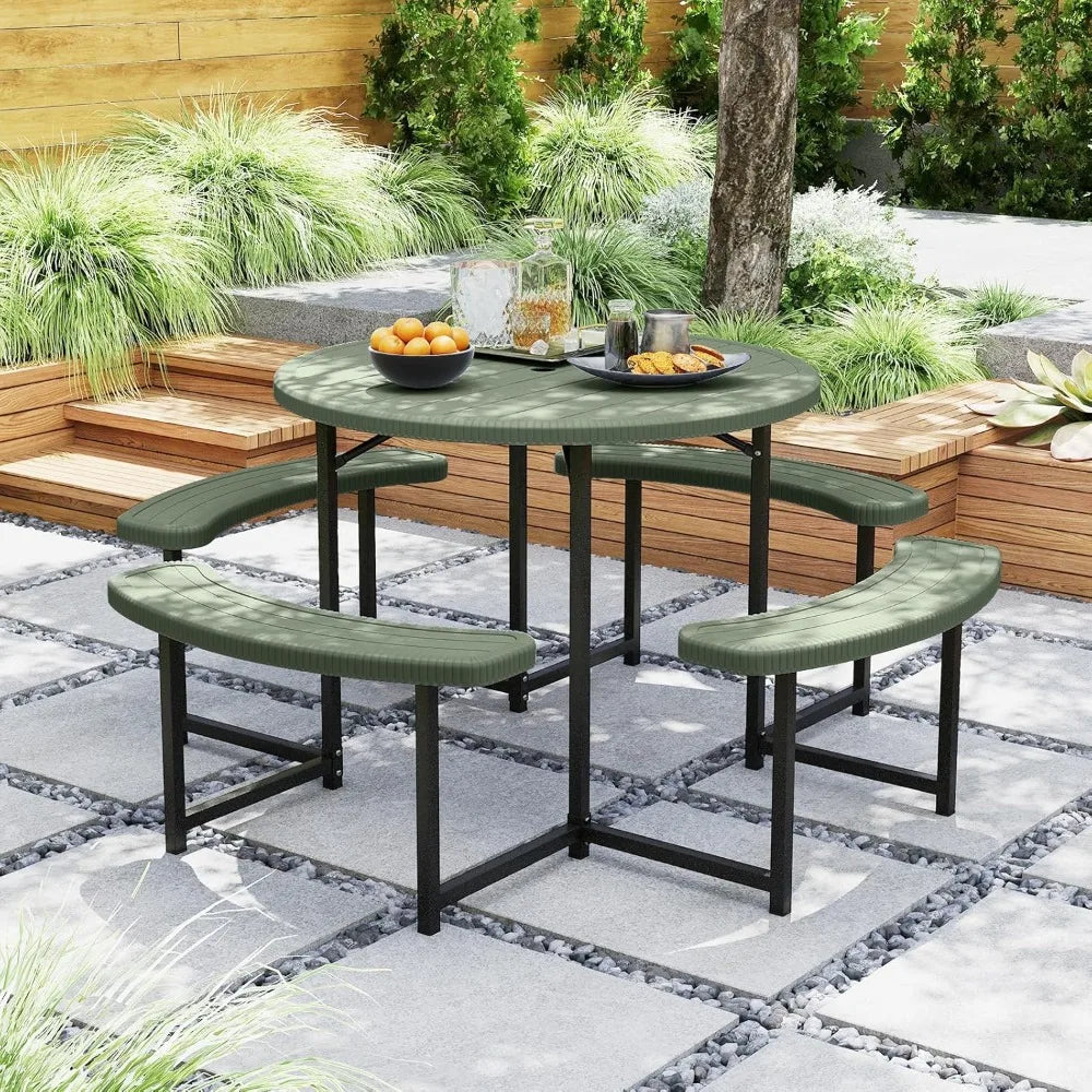 Picnic Table and Chair Set for 4-8 People, 37-inch Round Outdoor Table with Umbrella Holes, Customizable