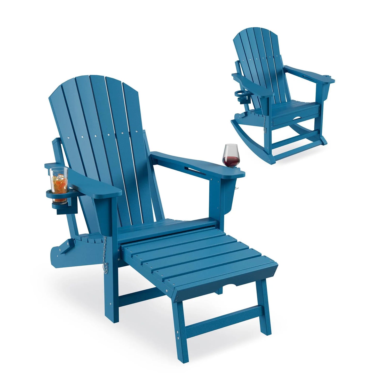 4-In-1 Adirondack Rocking Chair, HDPE All-Weather Folding Rocker With Retractable Ottoman Cup Holders, Outdoor Porch Patio Chair