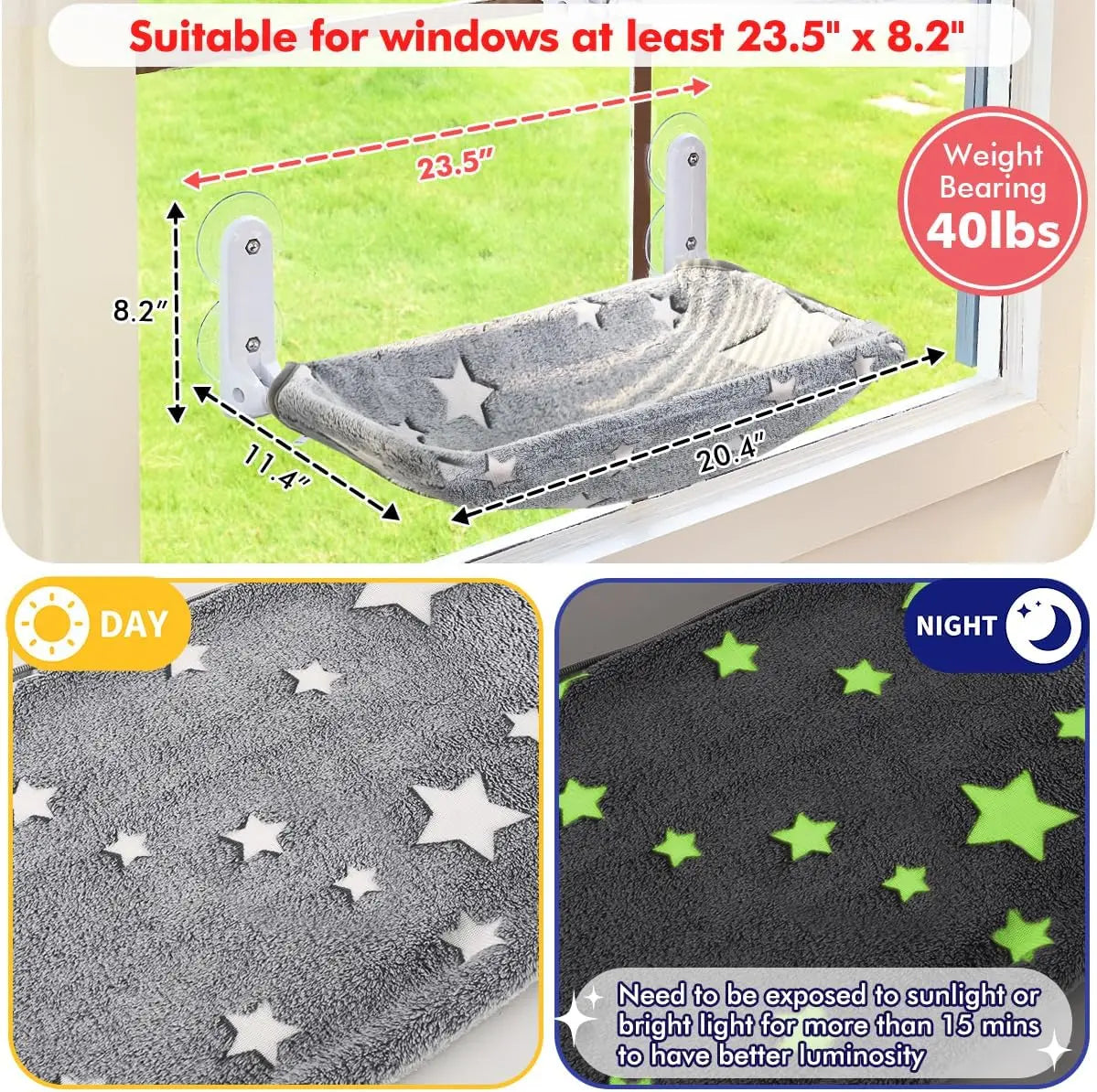 Glow in The Dark Cat Window Perch, Foldable Pet Hammock Bed with Sturdy Metal Frame and Glowing Stars Pattern for Indoor Cats