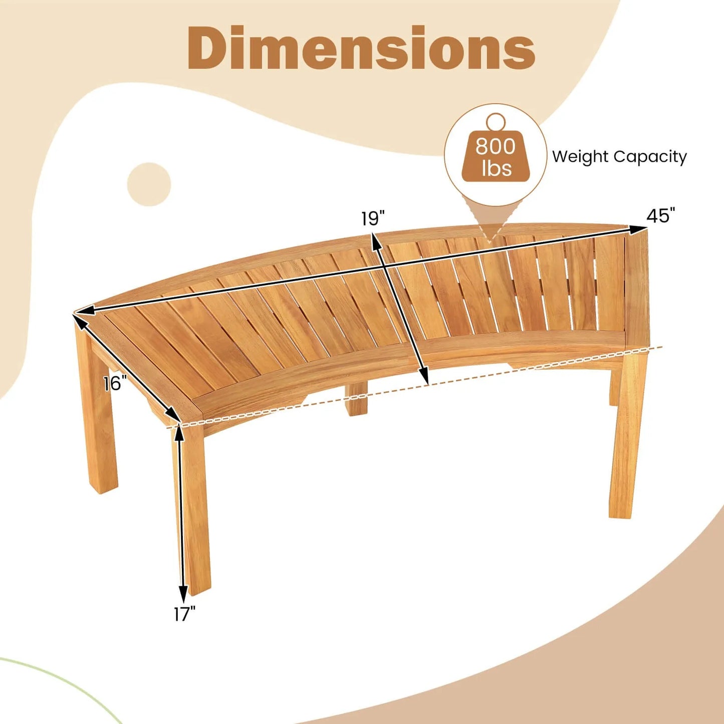 Outdoor Curved Bench w/Slatted Seat Wrap Around Tree Bench 2-Person Seating