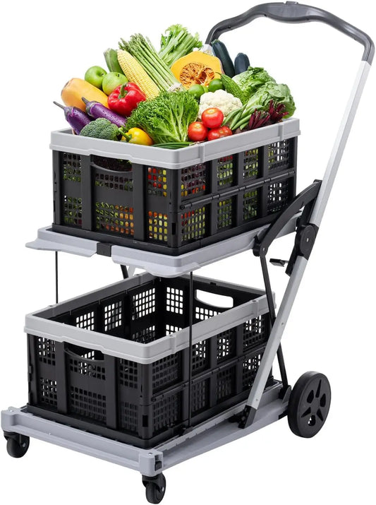 Collapsible Shopping Cart on Wheels, Folding Shopping Cart with 360° Swivel Wheels, Multi Use Utility Cart Adjustable Portable T