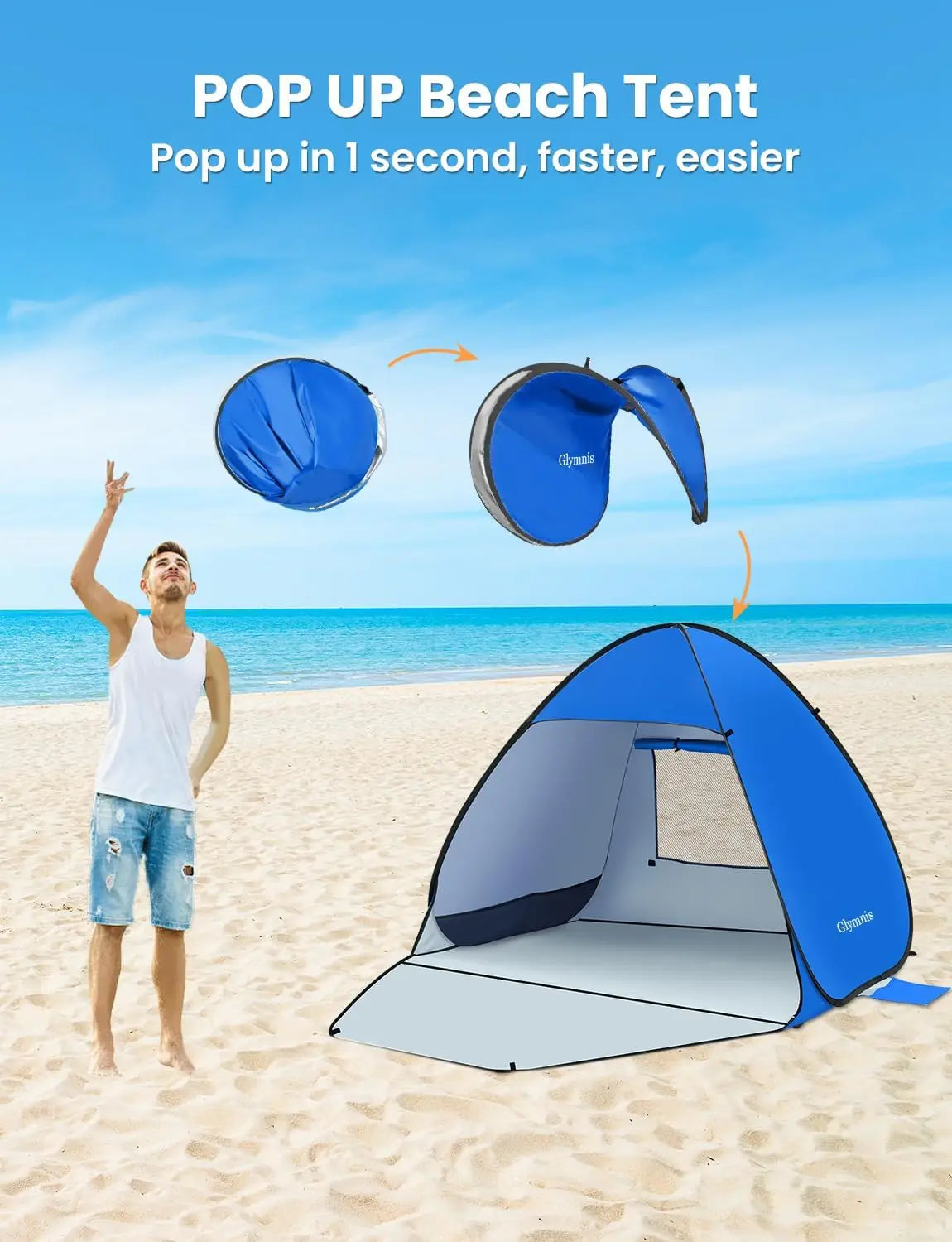 Pop Up Beach Tent Beach Shade Tent for 1-4 Persons Sun Shelter UPF 50+ Enclose Zipper Door Portable Easy Up Beach Tent