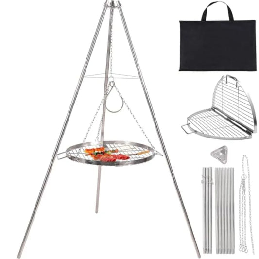 Campfire Tripod Grill for Cooking Durable Stainless Steel Camping Fire Tripod Grill with Round Grate and Carrying Bag for Outdo