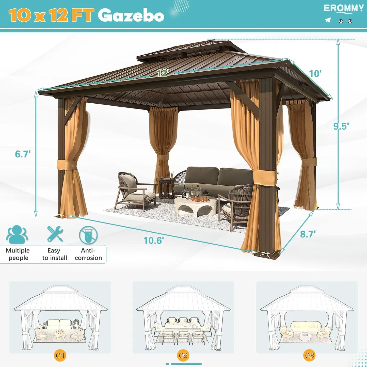 10' x 12' Hardtop Gazebo, Aluminum Frame Gazebos with Galvanized Steel Double Roof, Permanent Outdoor Metal Pavilion