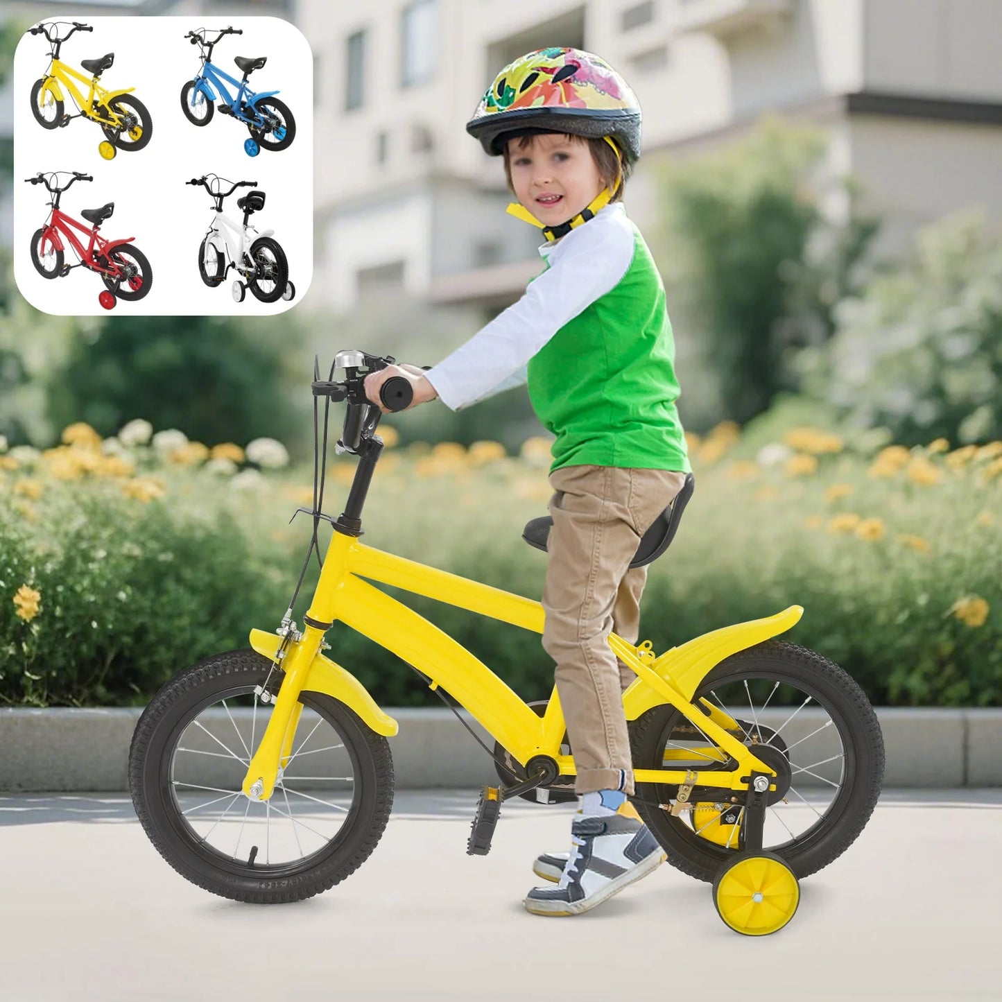 High-Safety Kids Bike 14" - Adjustable Height + Parent Handle + Mudguards (Learning Bicycle Boys/Girls) Yellow/Blue/Red/White