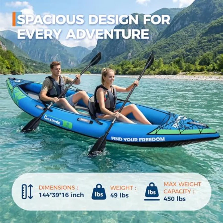 2 Person Inflatable Kayak for Fishing and Touring, PVC Material, Gray/Blue, Portable with Padded Seat, 3 Fins, Hand Pump, Carry