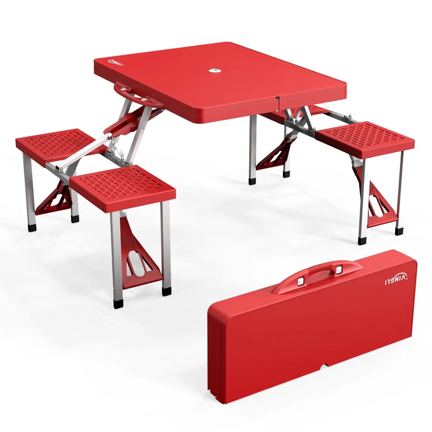 Aluminum Camping Picnic Table Set With Seats And Umbrella Hole
