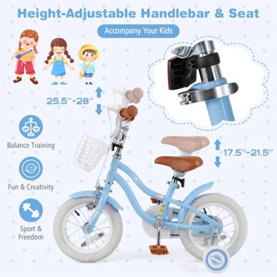 OLOEY Kids Bike With Adjustable Seat Training Wheels Basket
