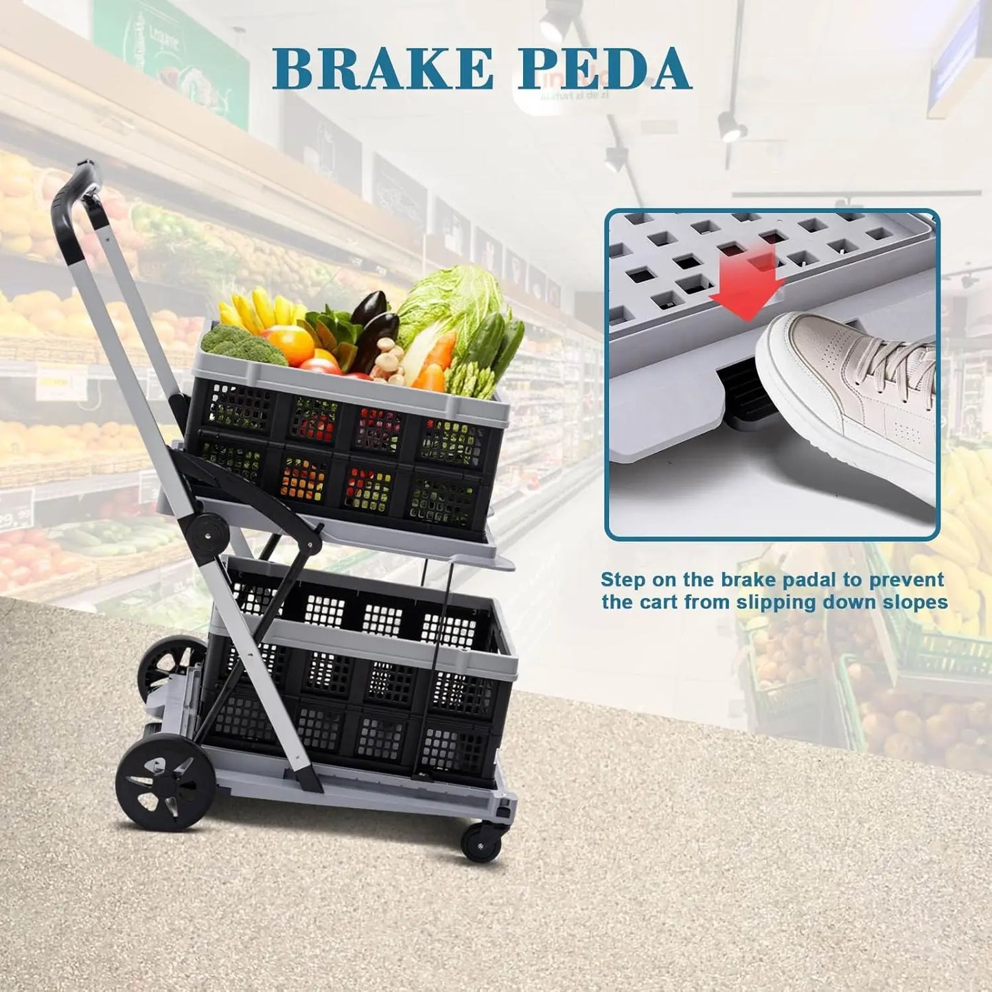 Collapsible Shopping Cart on Wheels, Folding Shopping Cart with 360° Swivel Wheels, Multi Use Utility Cart Adjustable Portable T