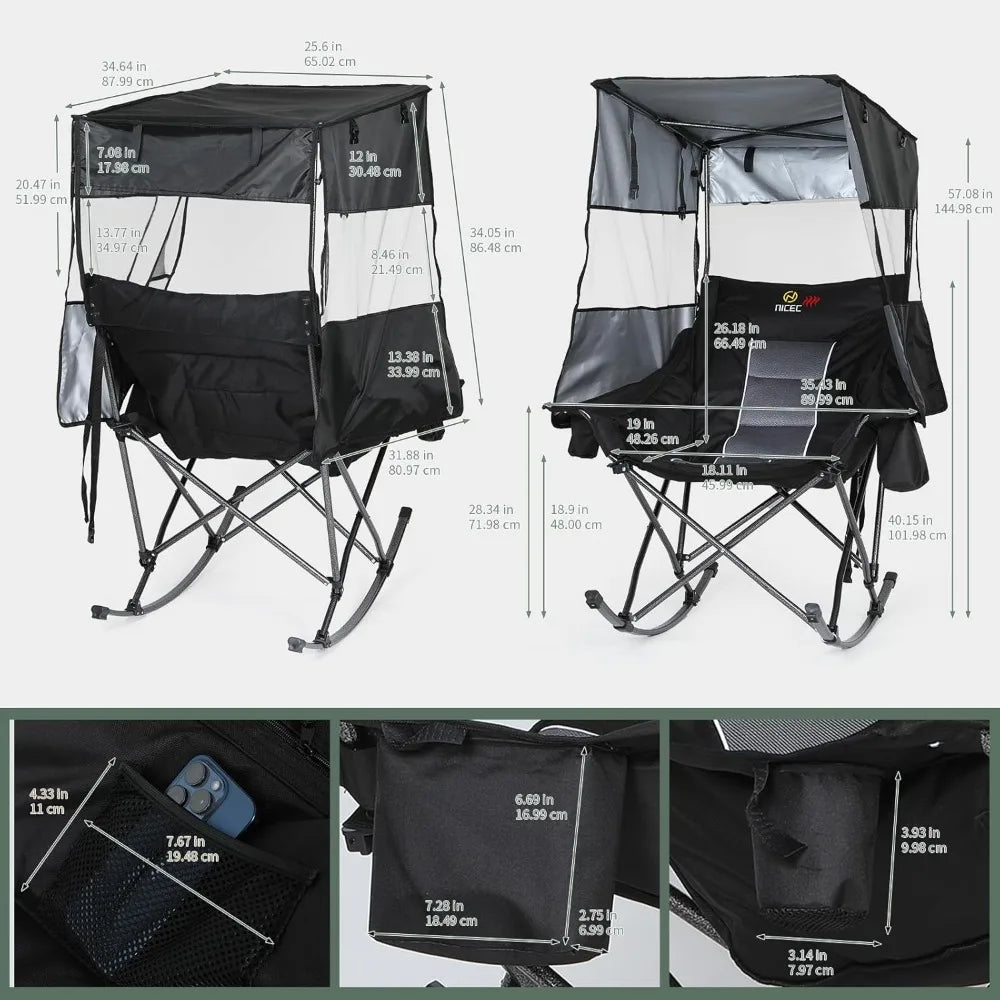 Heated Rocking Camping Chair with Canopy, XL Oversized Folding Rocker with Battery, Outdoor Umbrella Chairs with, Customized