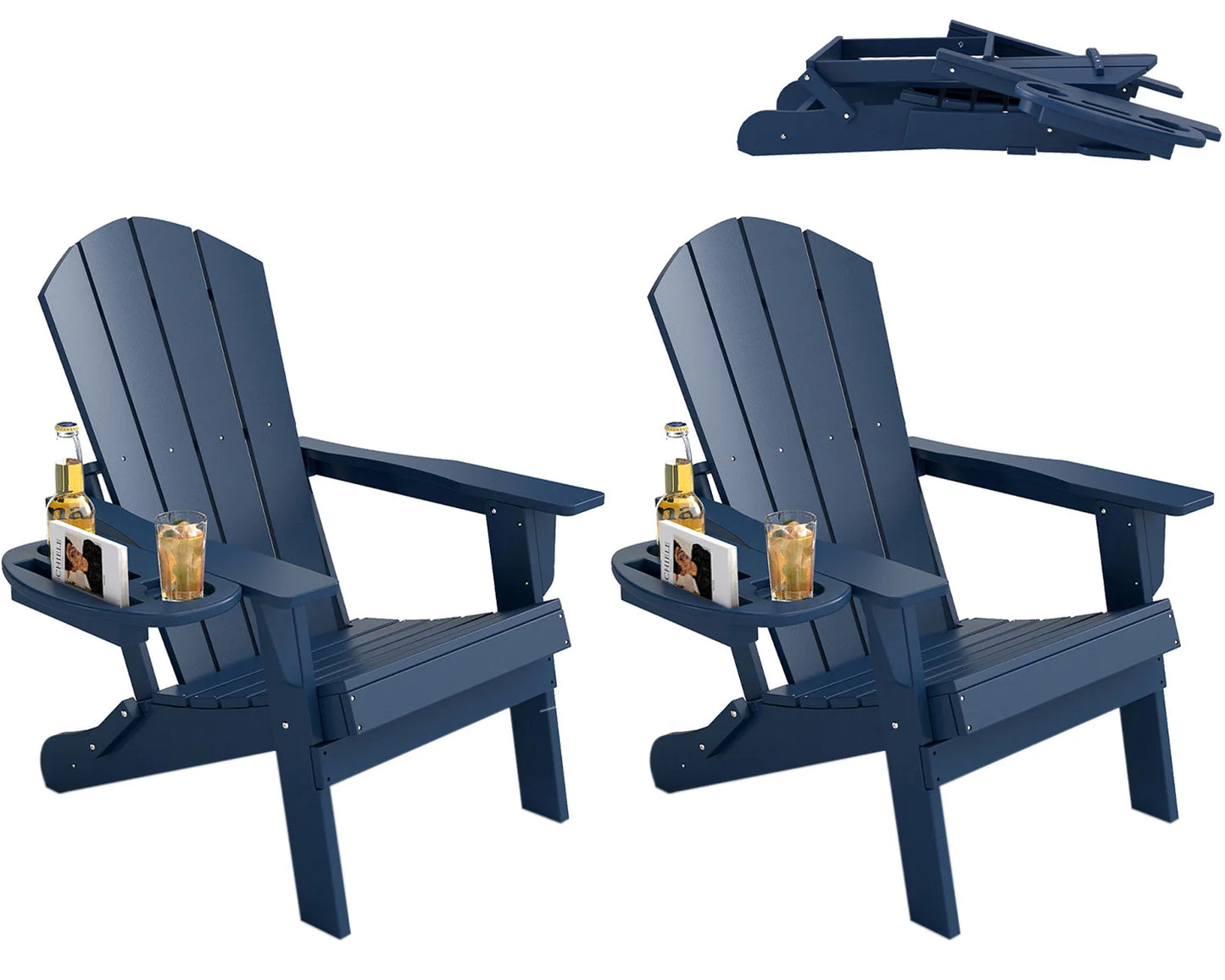 FOOWIN 1/2pcs Folding Adirondack Chair Weather Resistant HDPE Plastic Cup Holder Outdoor Patio Garden Fire Pit Deck Lawn