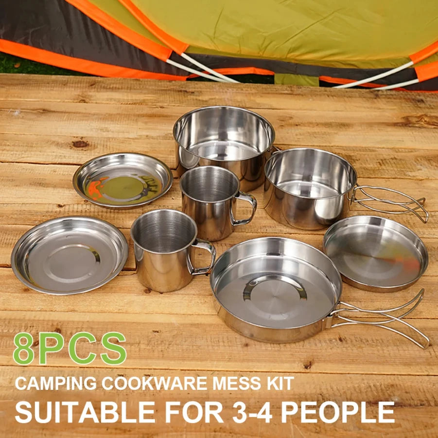 CAOX 8pcs/Set Camping Cookware Mess Kit Stainless Steel Cooking Pot and Pan Set with Plates Cups for Outdoor Hiking Backpacking