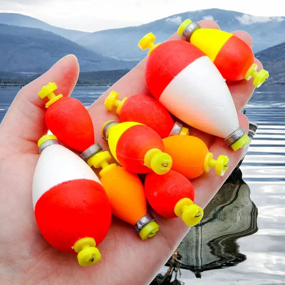 Set of Assorted Push-Button Snap-On Foam Fishing Bobbers with Weights
