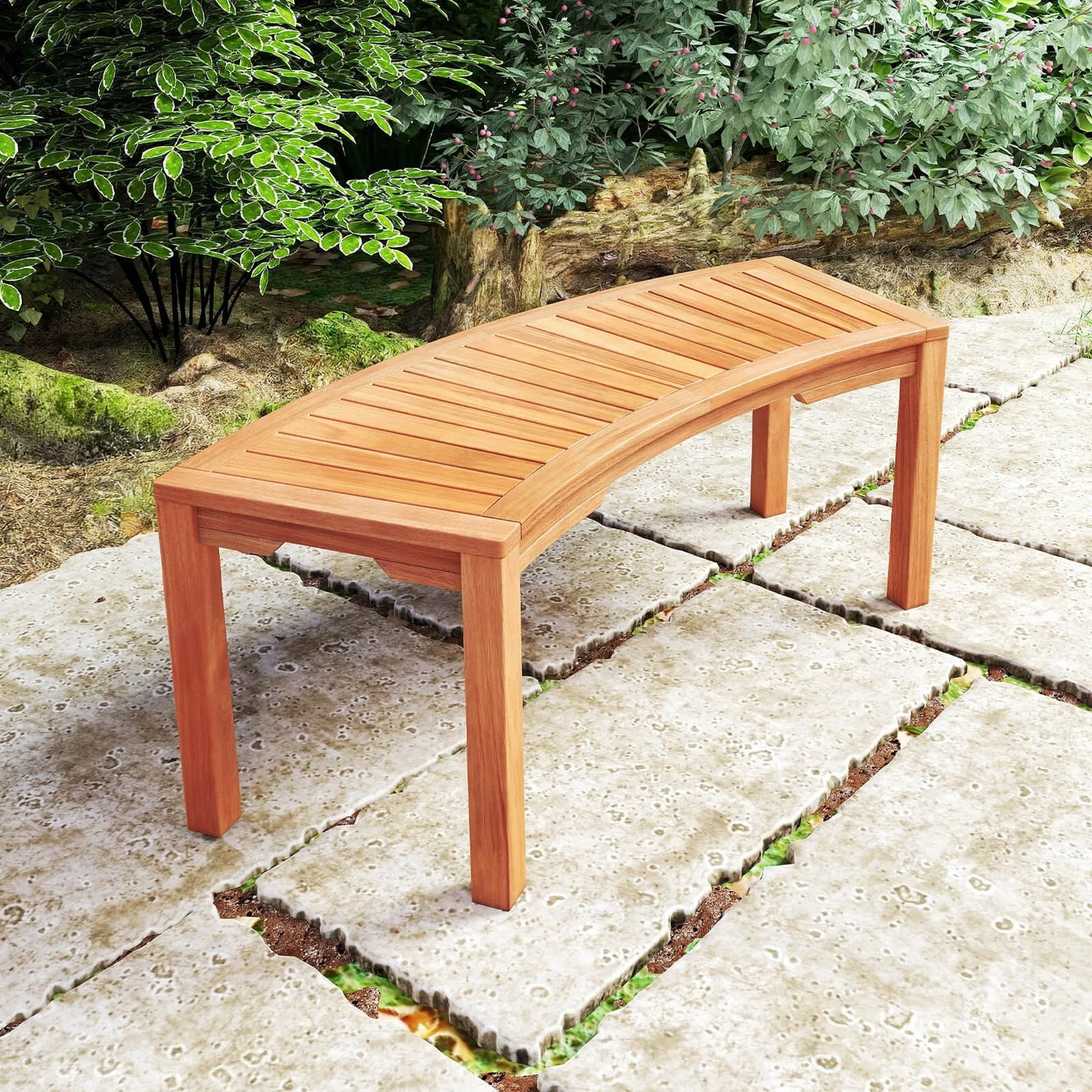Outdoor Curved Bench w/Slatted Seat Wrap Around Tree Bench 2-Person Seating