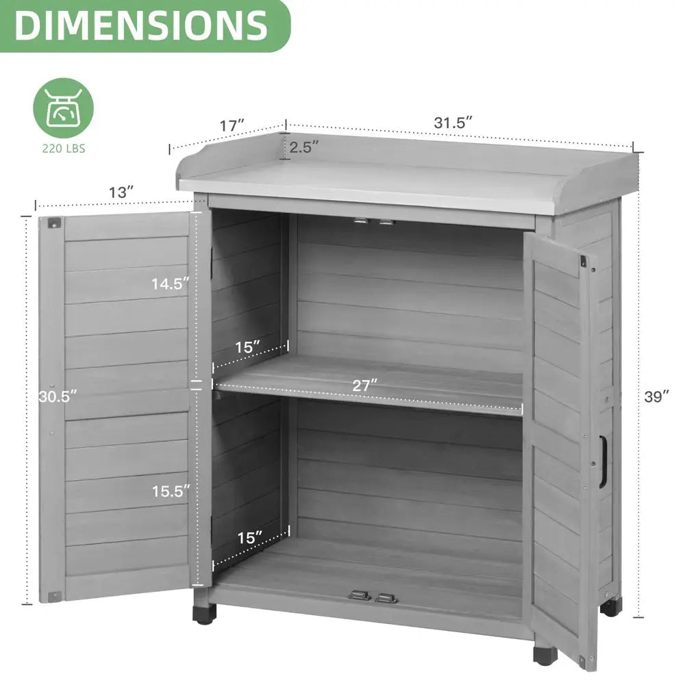 Bench with Storage Cabinet and Metal Table Top for Outdoor Patio, Garden Furniture Wood Workstation Classsic Grey, 31.5x17x39