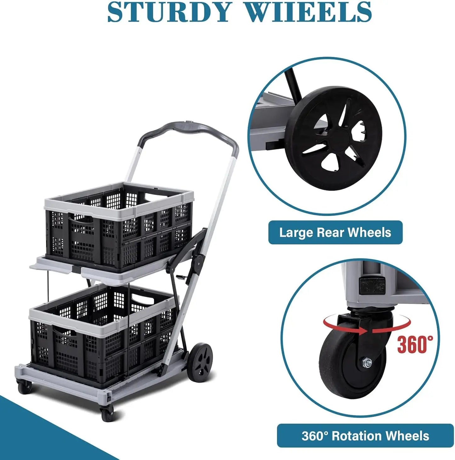 Collapsible Shopping Cart on Wheels, Folding Shopping Cart with 360° Swivel Wheels, Multi Use Utility Cart Adjustable Portable T