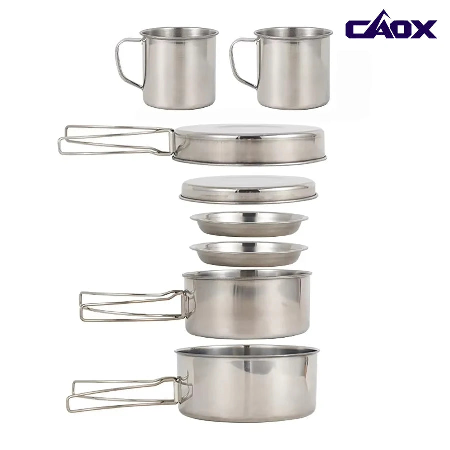 CAOX 8pcs/Set Camping Cookware Mess Kit Stainless Steel Cooking Pot and Pan Set with Plates Cups for Outdoor Hiking Backpacking