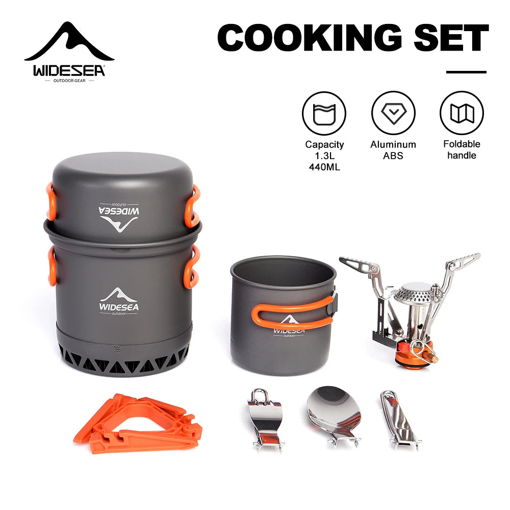 Widesea Portable Camping Cookware Set Aluminum  1.3L Pot 440ML Cup Stove Cutlery Set Bracket for Outdoor Cooking Hiking Backpack