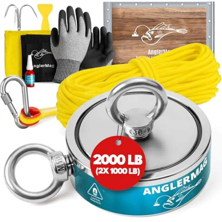 Magnet Fishing Kit 2000 lbs with Rope Carabiner Gloves Grappling Hook Carrying Bag 10 Piece Complete Set in Black Steel