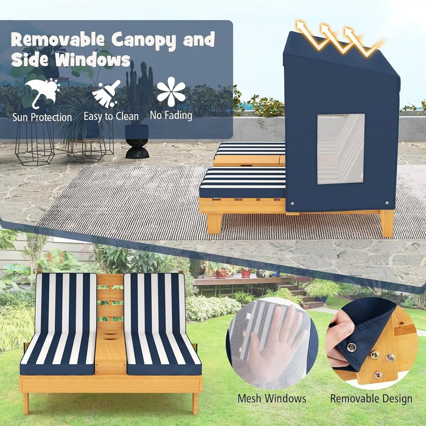 Kids Chaise Lounge Chair Outdoor, Toddler Wood Double Pool Lounger Chairs w/Canopy, Cup Holders, Removable Stripped, Customized