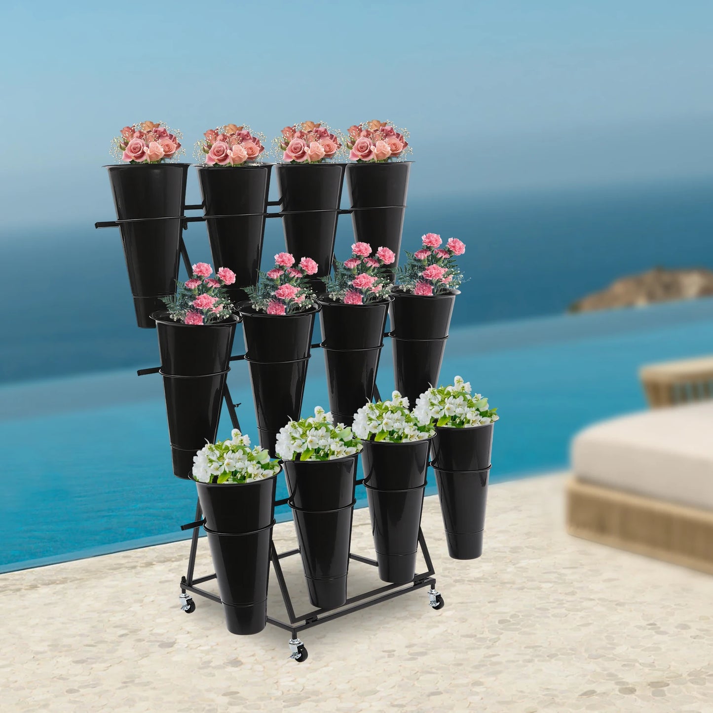 50*50*105cm Flower Display Iron Stand 3 tier Flower Holder Flower Display Stand with 12 Pieces Buckets Black