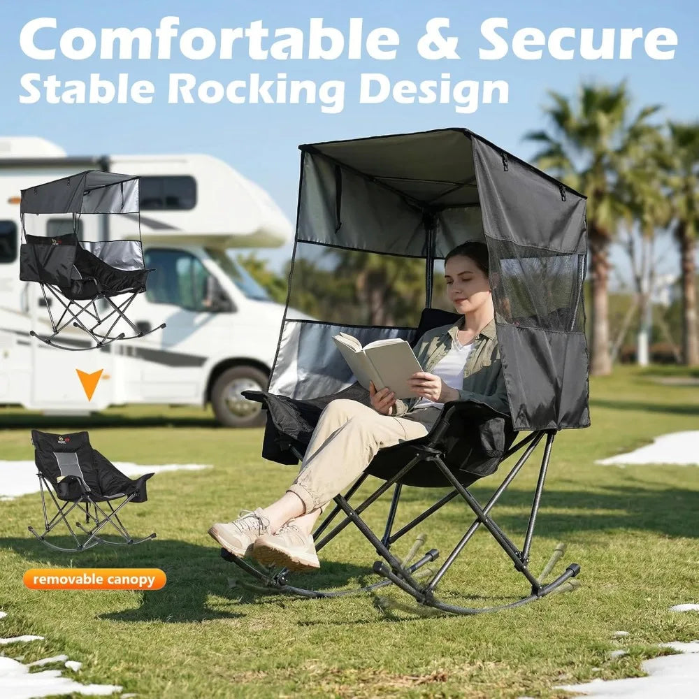 Heated Rocking Camping Chair with Canopy, XL Oversized Folding Rocker with Battery, Outdoor Umbrella Chairs with, Customized