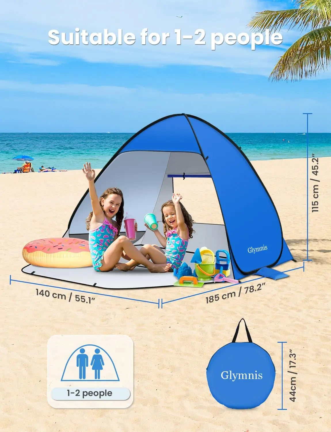 Pop Up Beach Tent Beach Shade Tent for 1-4 Persons Sun Shelter UPF 50+ Enclose Zipper Door Portable Easy Up Beach Tent