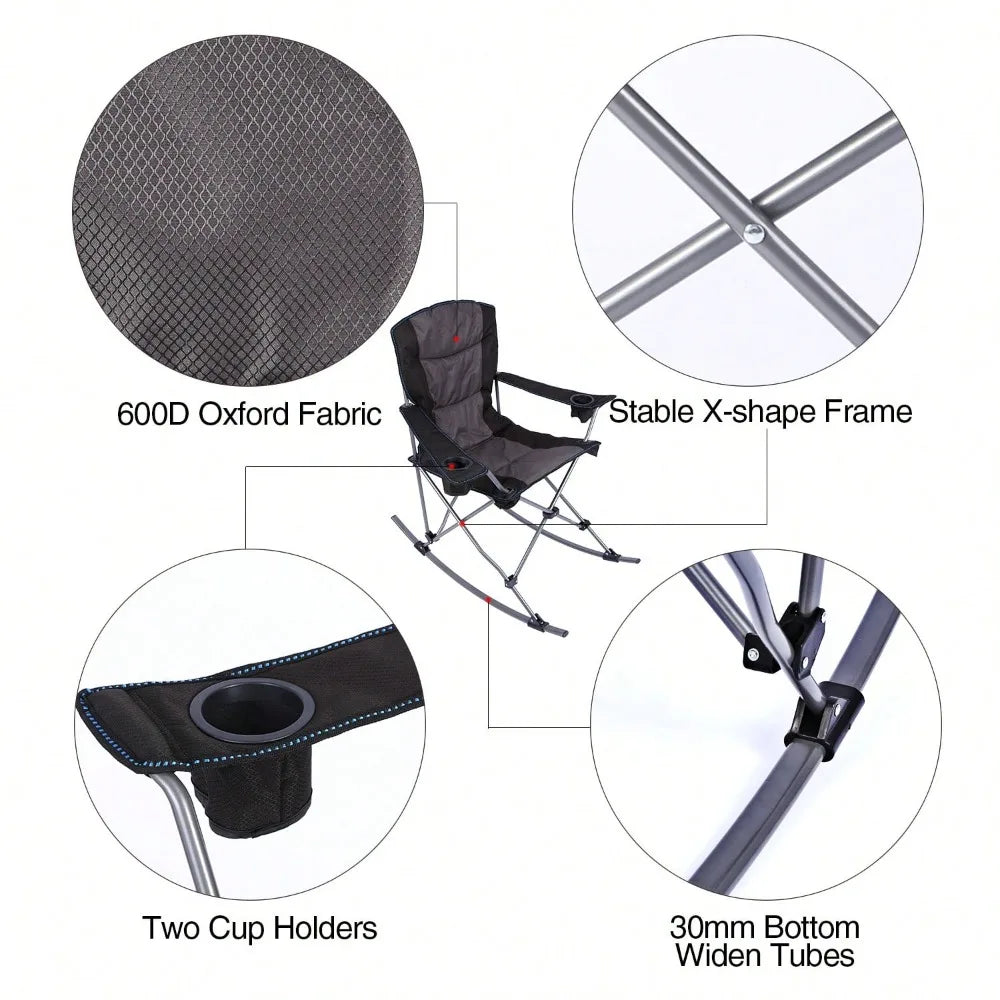 Folding Outdoor Rocking Chair Heavy Duty 300lbs Support Camping Chair with Cup Holder Carry Bag