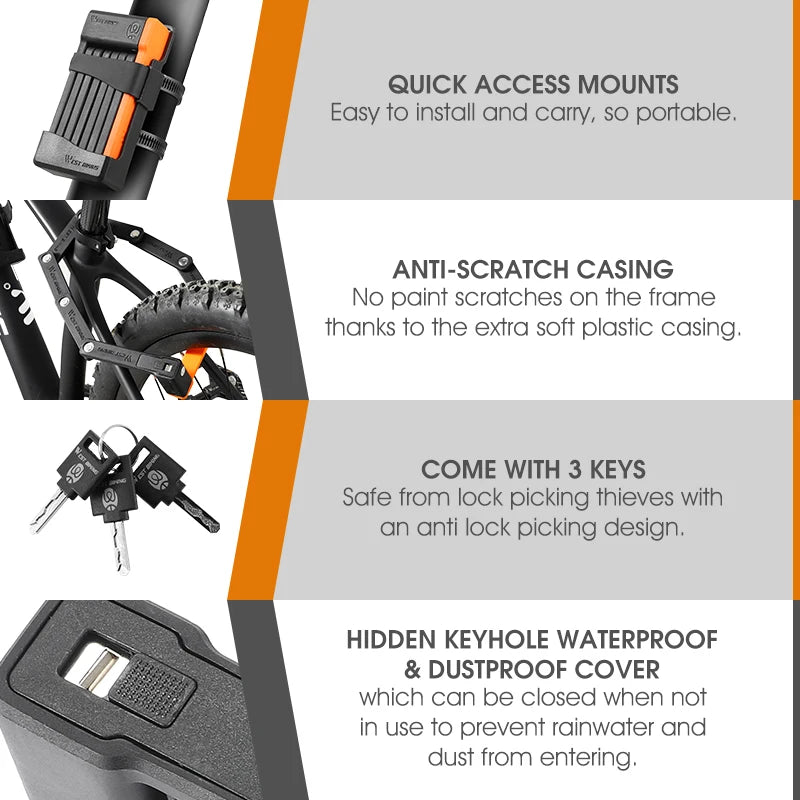WEST BIKING Foldable Bicycle Lock Security Anti-theft Cycling Lock With 3 Keys Portable MTB Road Bike E-Bike Foldable Lock