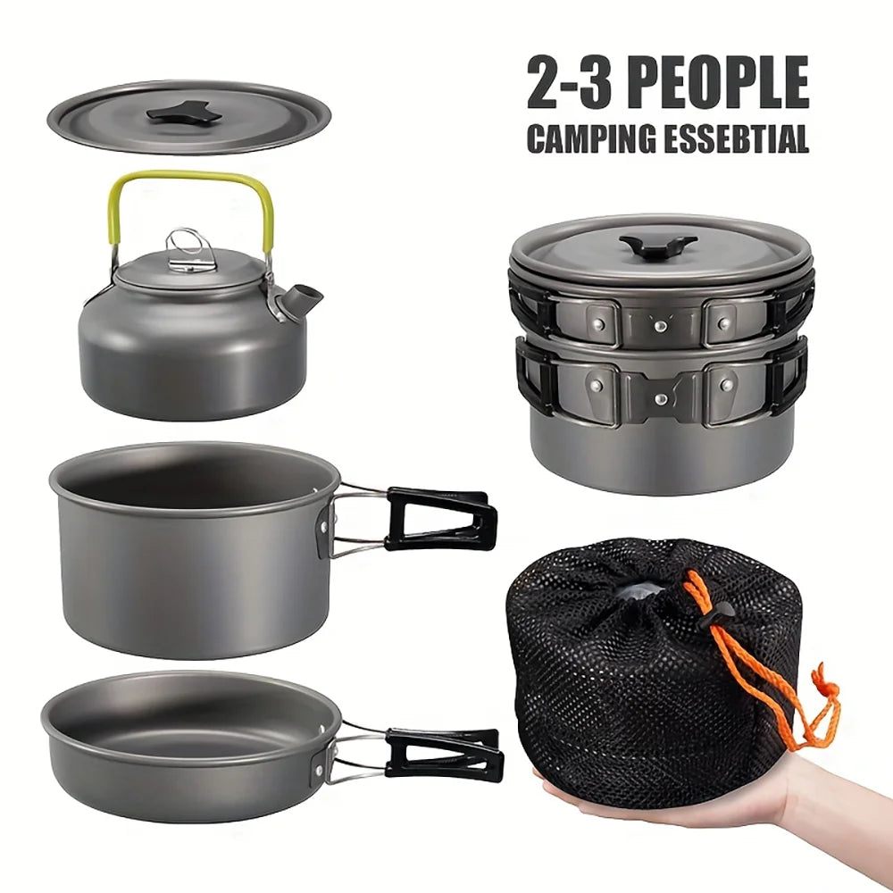 Outdoor camping cookware set made of aluminum alloy material not easy to stick to the pot nested packaging convenient to carry