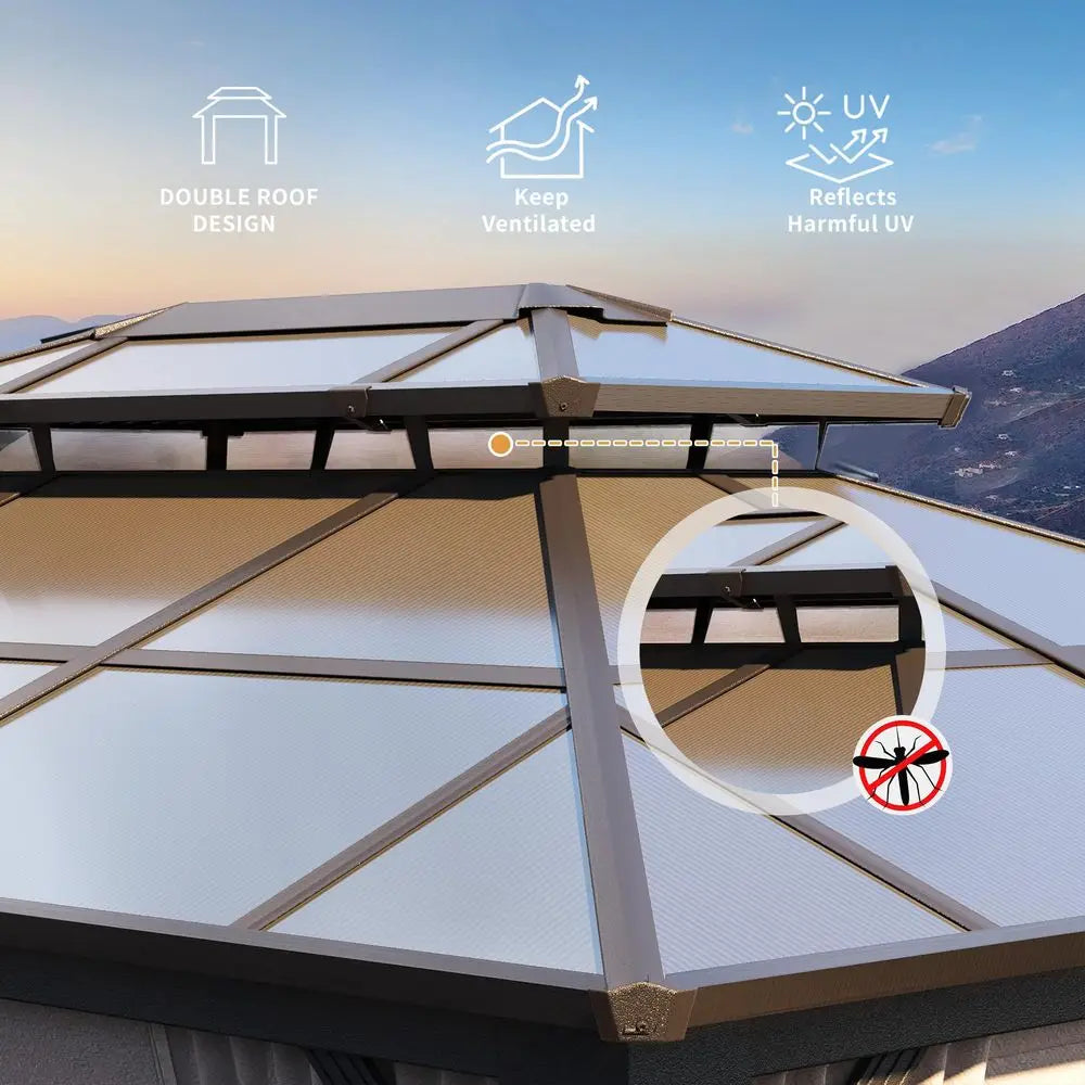 10x13 Hardtop Gazebo, Outdoor Polycarbonate Double Roof Canopy, Aluminum Frame Permanent Pavilion with Curtains and Netting, Su