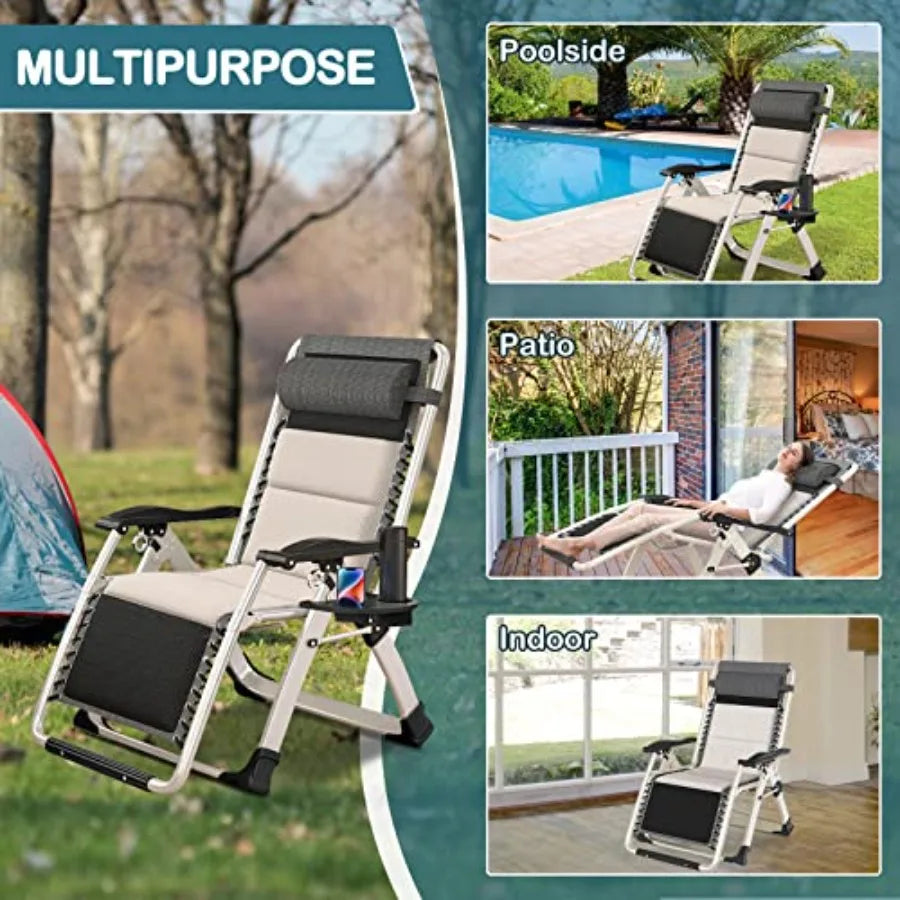 Padded Zero Gravity Chair Folding Outdoor Lounge Chairs Adjustable Reclining Camping Chairs with Cup Holder Ergonomic Patio Law