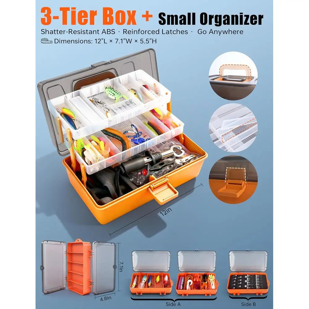 Premium 3-Tier Fishing Tackle Box with 417 Pieces Lure Kit, Essential Bass Fishing Gear Set, Ideal Gift for Anglers