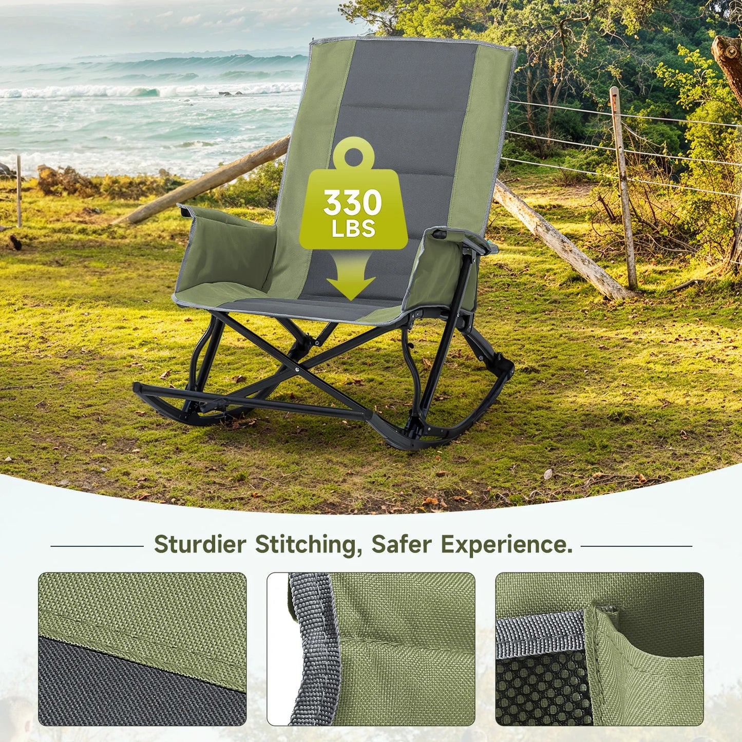 Rocking Camping Chair for Adults, Folding Outdoor Rocking Chair with Foot Rest, 330 lbs Capacity, Camp Chairs for Lawn