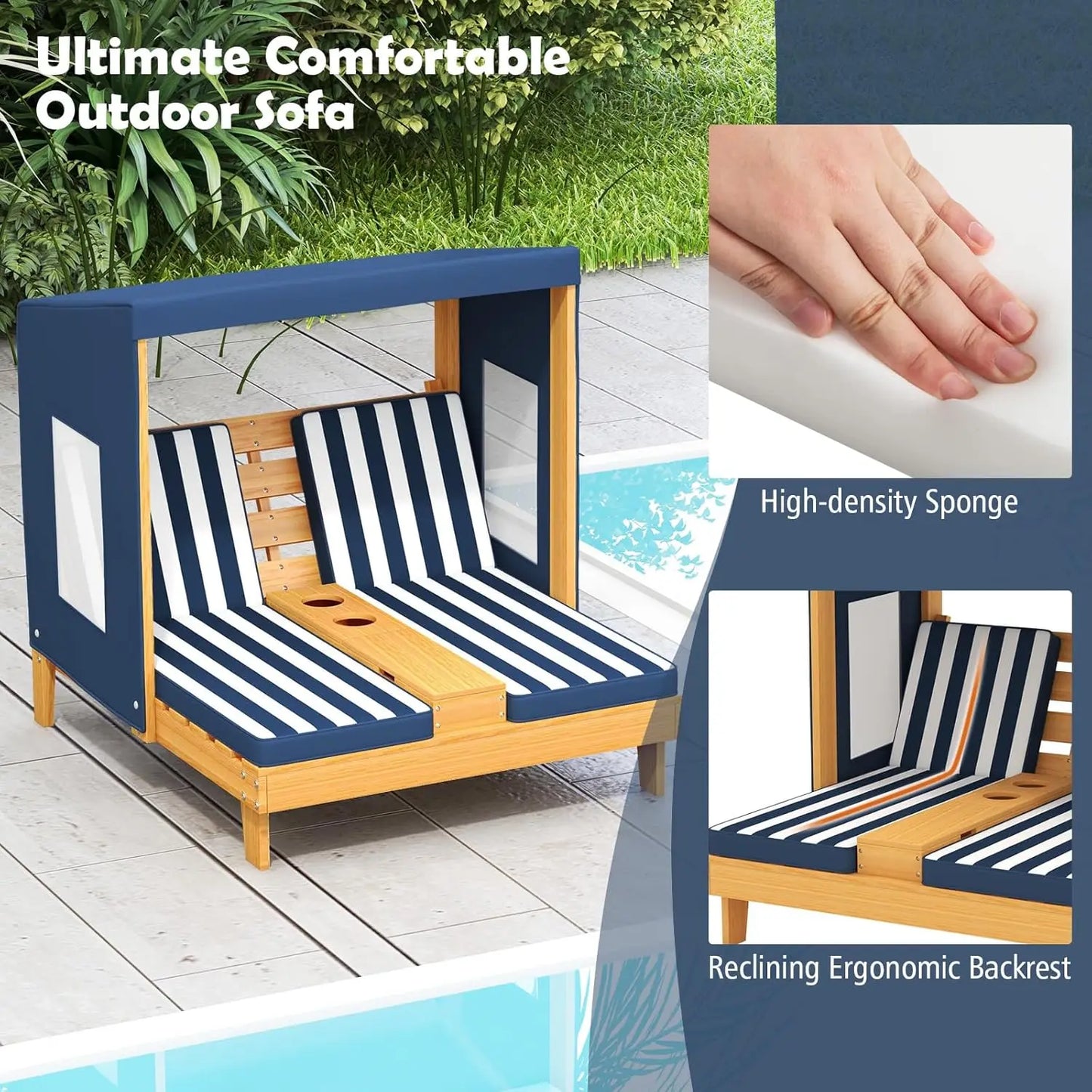 Kids Chaise Lounge Chair Outdoor, Toddler Wood Double Pool Lounger Chairs w/Canopy, Cup Holders, Removable Stripped, Customized