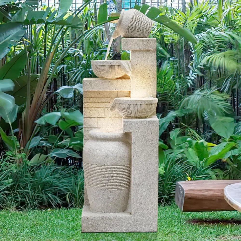 42.52 Inch Tall Outdoor Garden Water Fountain with 4 Cascading Tiers and LED Lights, Suitable for Patio and Backyard