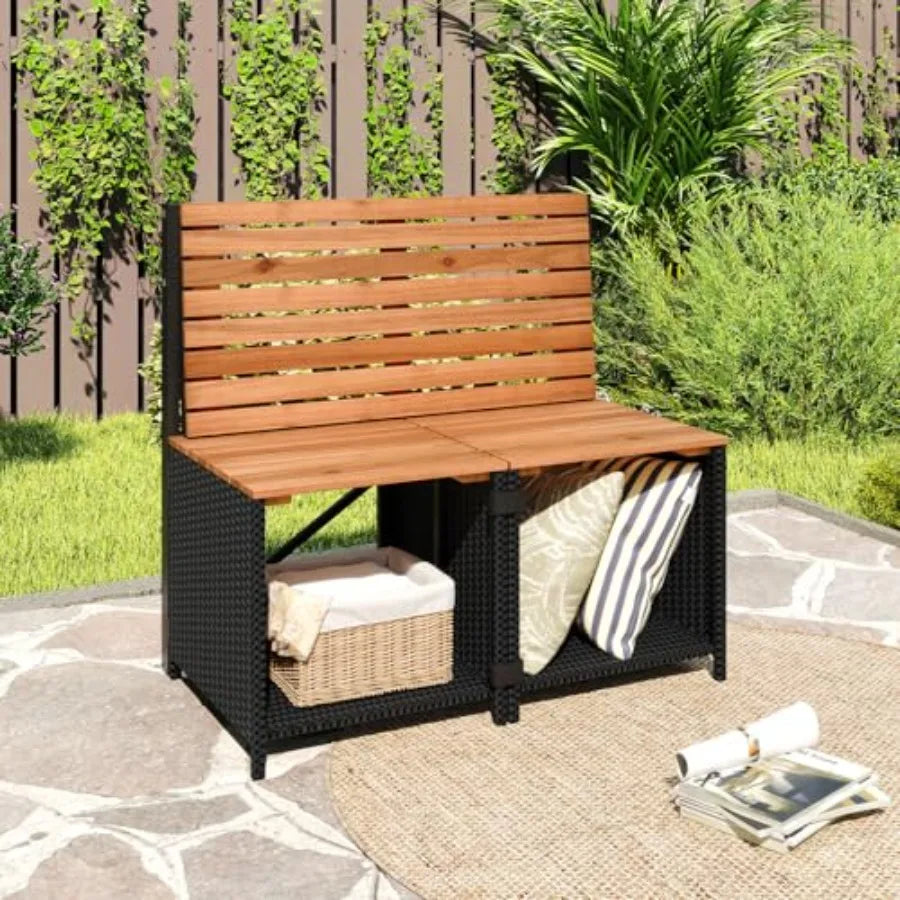 2-in-1 Outdoor Convertible Bench with Metal Frame PE Rattan Acacia Wood Foldable Picnic Table and Chairs Set in Brown for Porch