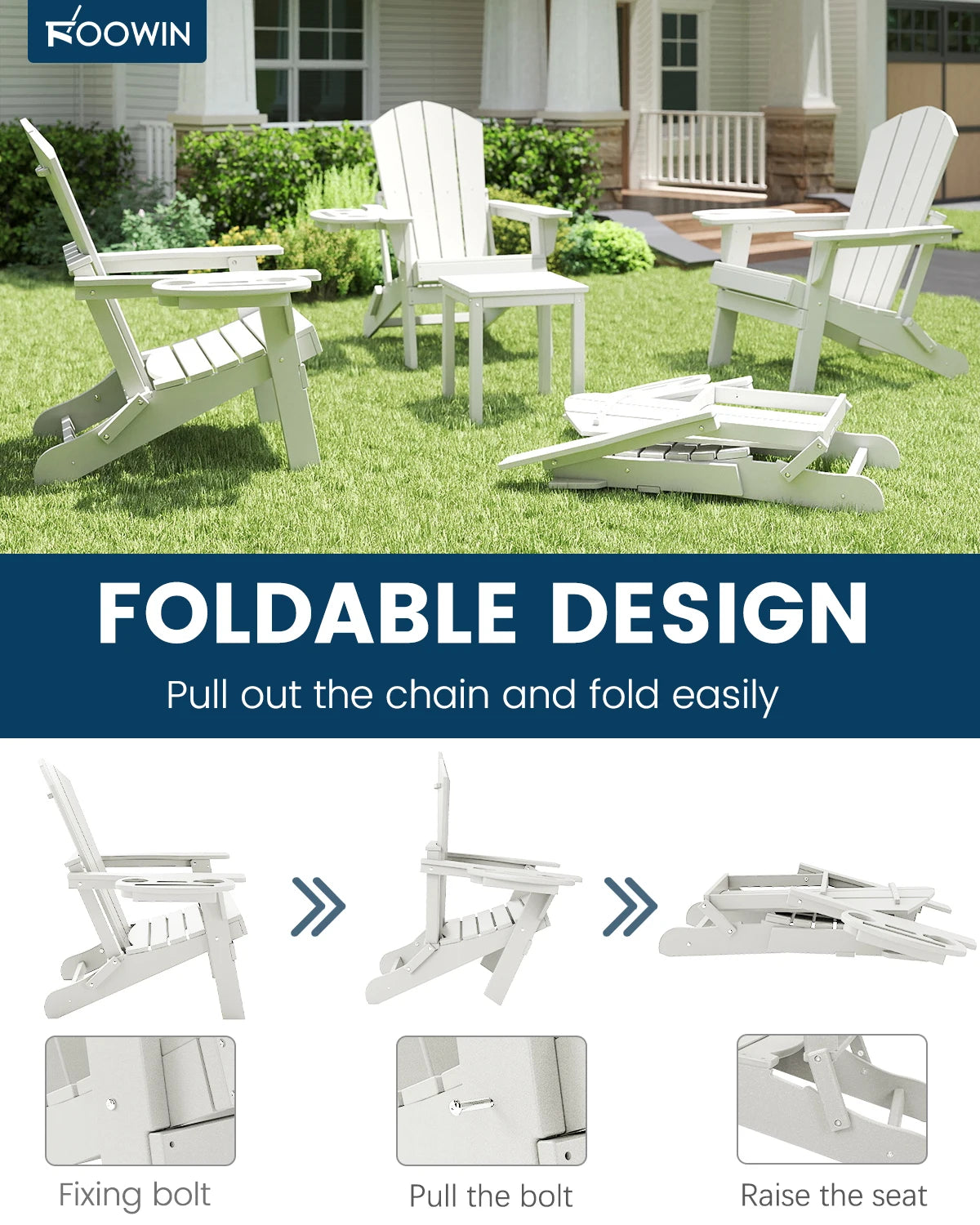 FOOWIN 1/2pcs Folding Adirondack Chair Weather Resistant HDPE Plastic Cup Holder Outdoor Patio Garden Fire Pit Deck Lawn