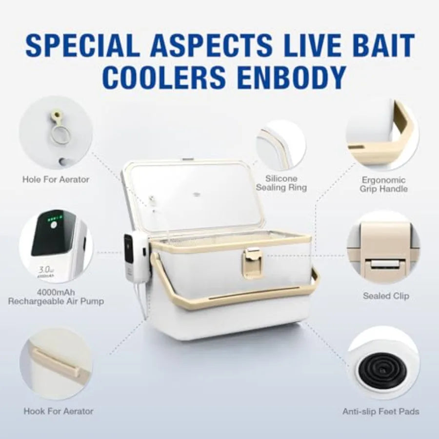 Portable 11QT/15QT Live Bait Cooler with 4000mAh Rechargeable Aerator for Fishing Waterproof Plastic Bait Bucket for Live Fish