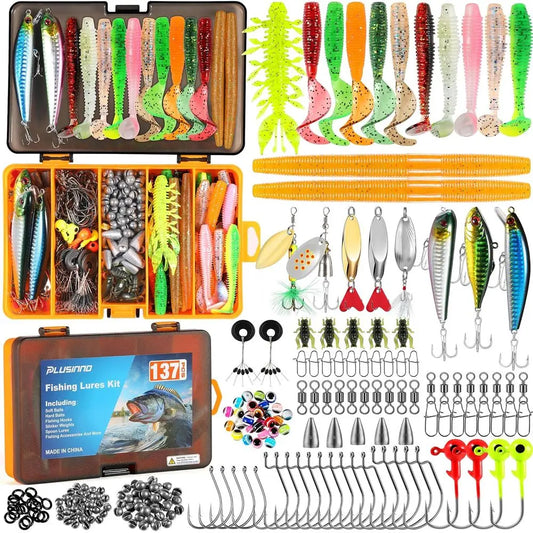 137-Piece Fishing Tackle Set with Lures, Hooks, Weights, and More - Ideal Bass Freshwater Fishing Gift for Men