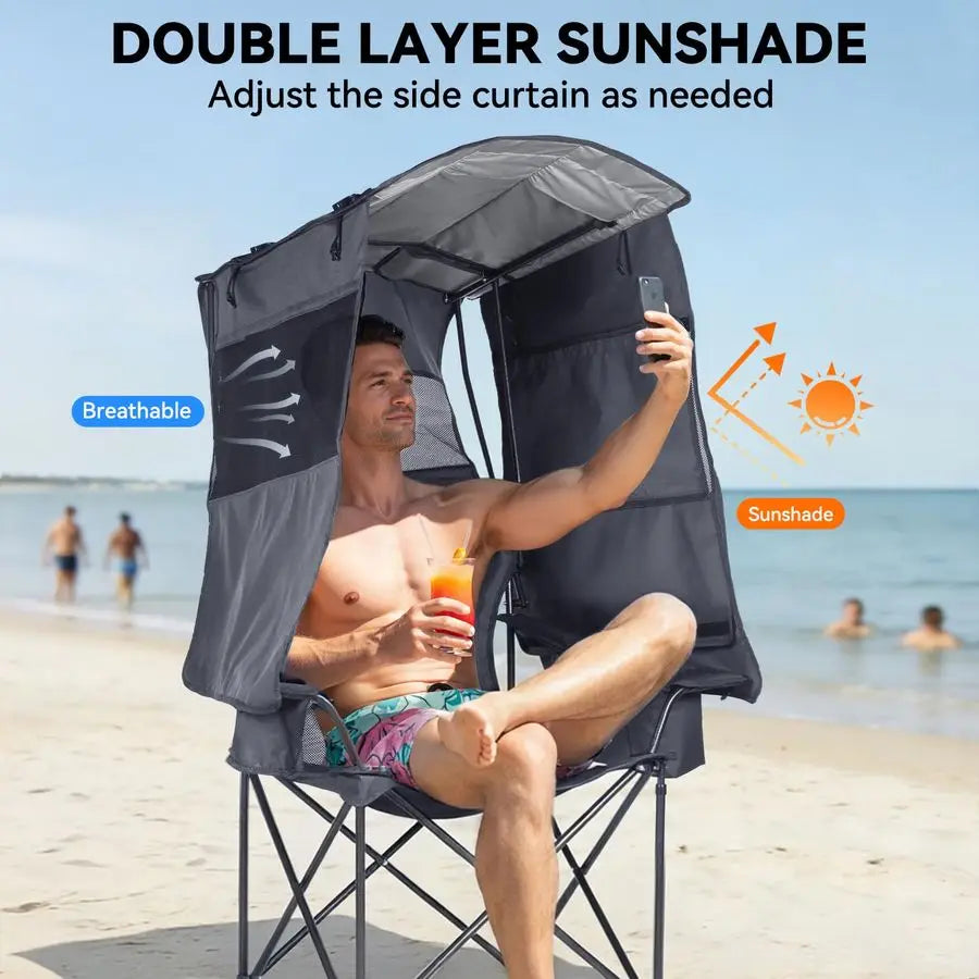 Chair with Canopy Shade Folding Beach Chair with UPF 50 Sun Shade, Cup Holder, Side Pocket, Portable Sports Chair for Adults Su